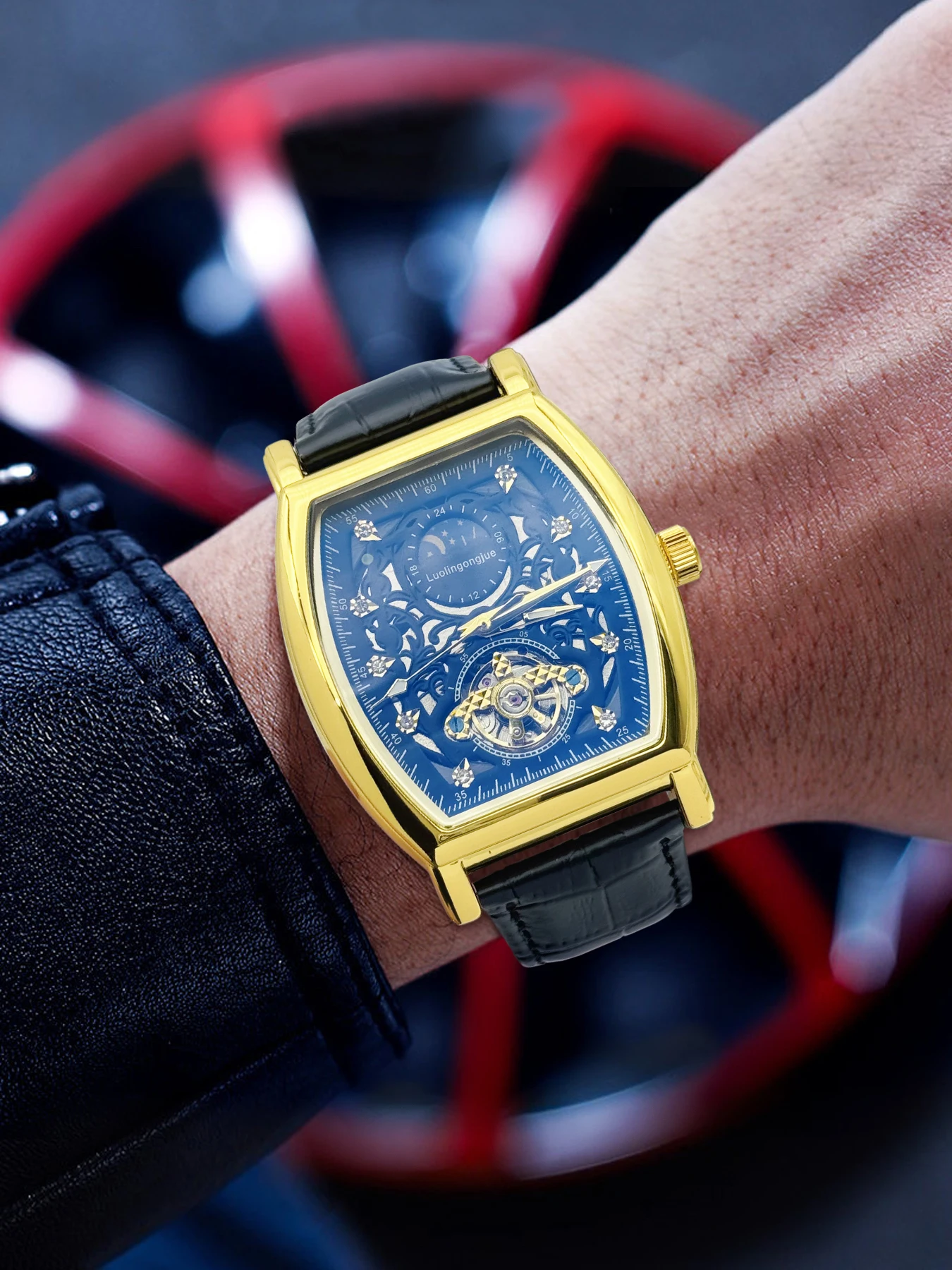 

Luxurious Barrel-Shaped Men's Automatic Mechanical Watch, Skeleton Dial, Tourbillon Design, Leather Strap Business Watch, Waterproof Luminous Fashion Casual Men's Watch, High-End Classic Formal Watch, Father's Day Gift, Men's Mechanical Watch