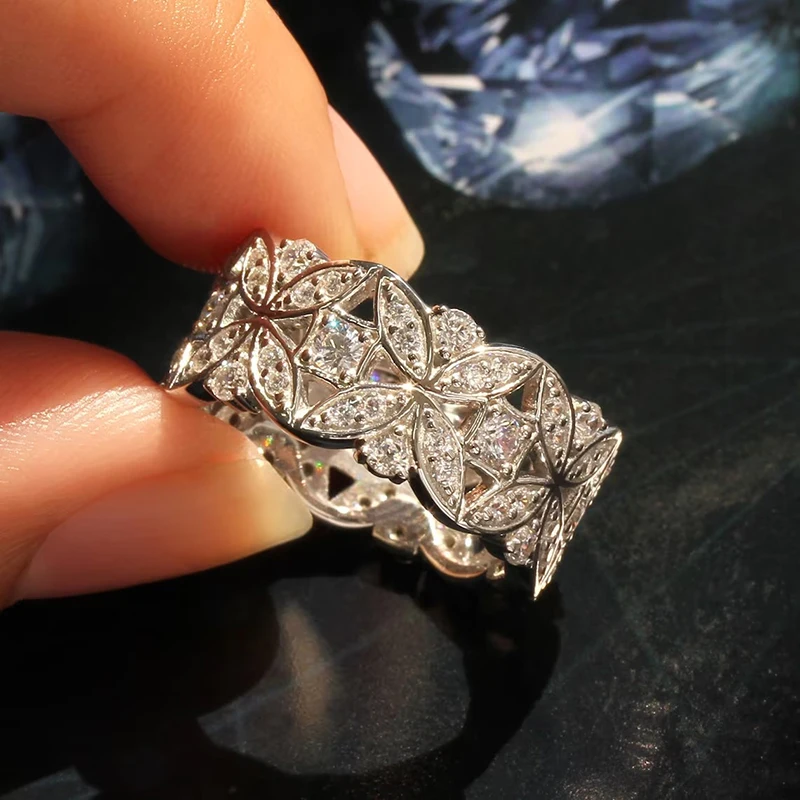 Huitan Aesthetic Women Rings Silver Color Flower Hollow-out Design Accessories for Wedding Party Fashion Jewelry Inlaid Shiny CZ