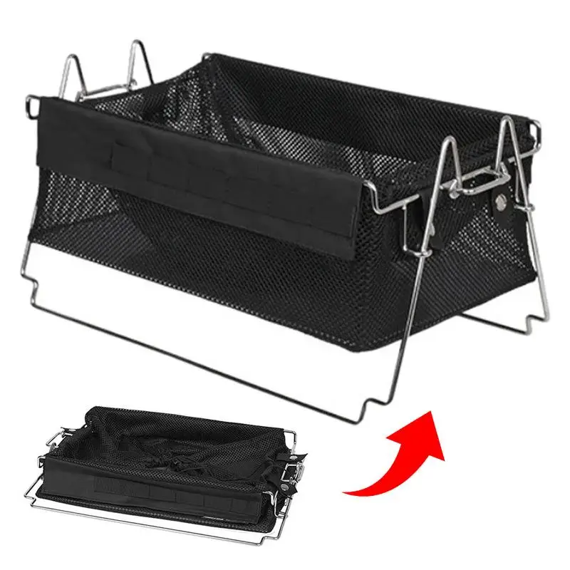 Multifunctional Folding Mesh Storage Basket Portable Detachable Camping Organizer With Light Stand And Cover For Outdoor Camping