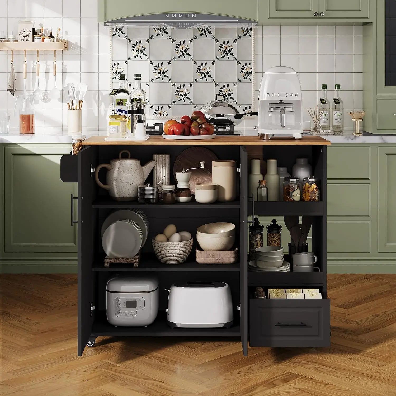 Rolling Kitchen Island Cart 48'' Mobile Butcher Block Table Drop Leaf Drawer Shelf Spice Rack Lockable Wheels Black, Customized