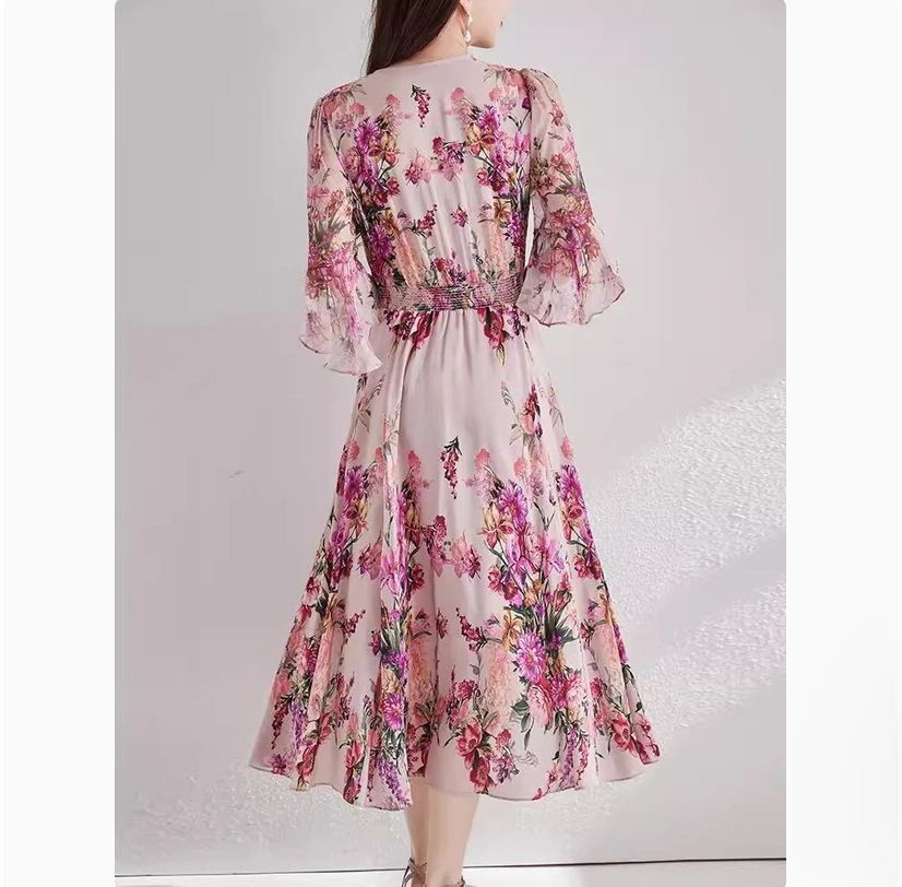 فستان حريري التوت الوردي، أكمام بوق مطبوعة صيفية للسيدات، تنورة حريرية مربوطة الخصر #4
