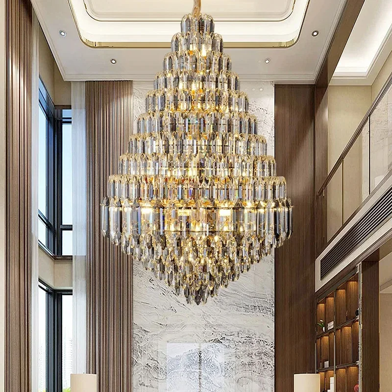 

Duplex Grand Crystal Chandelier Luxury Crystal Pendant Light Fixture Villa Hall Light Hotel Lobby Restaurant Staircase Light