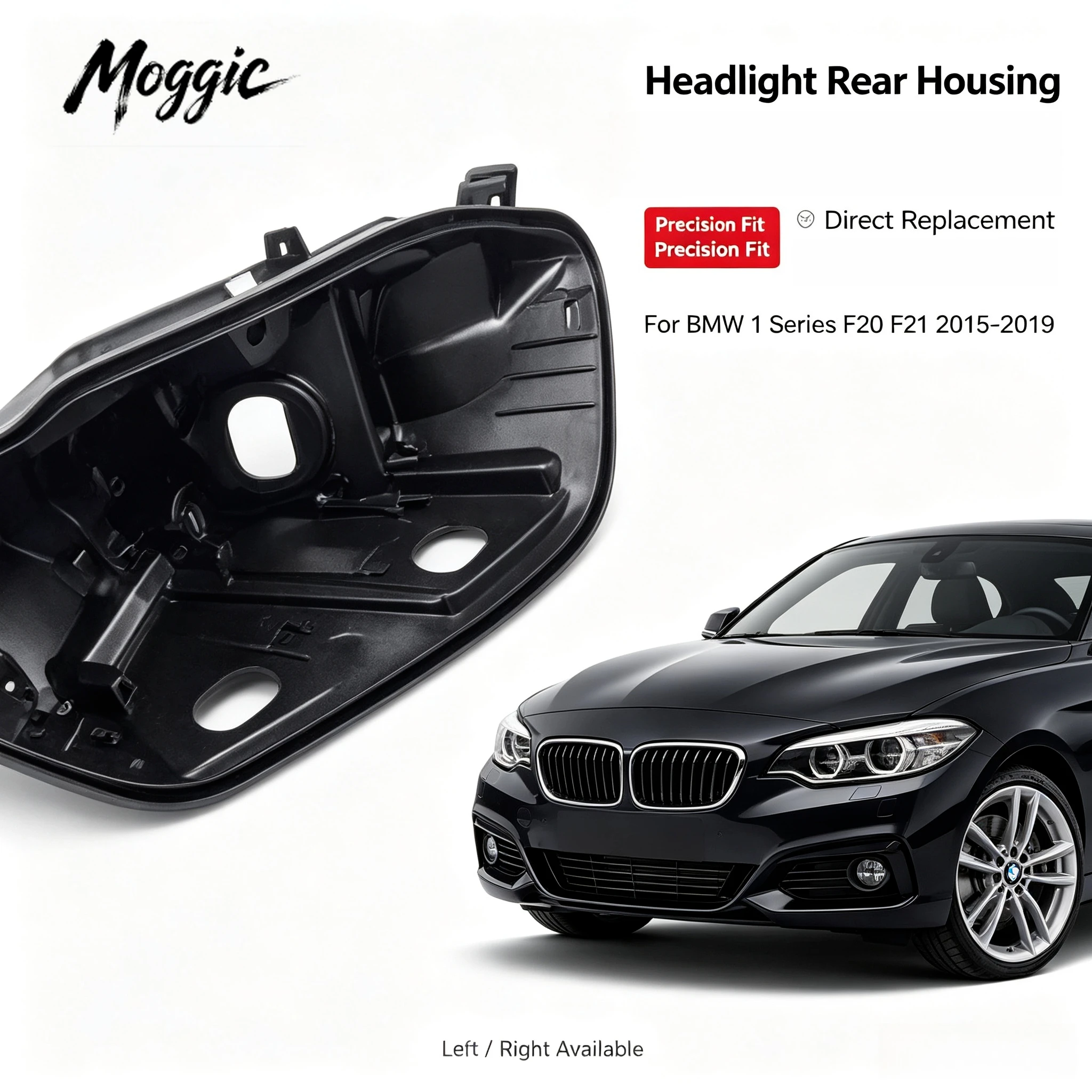 Moggic Black Headlight Rear Housing Base Shell For BMW 1‑Series F20 Hatchback 2015‑2019, Front Headlamp Back Bottom Housing
