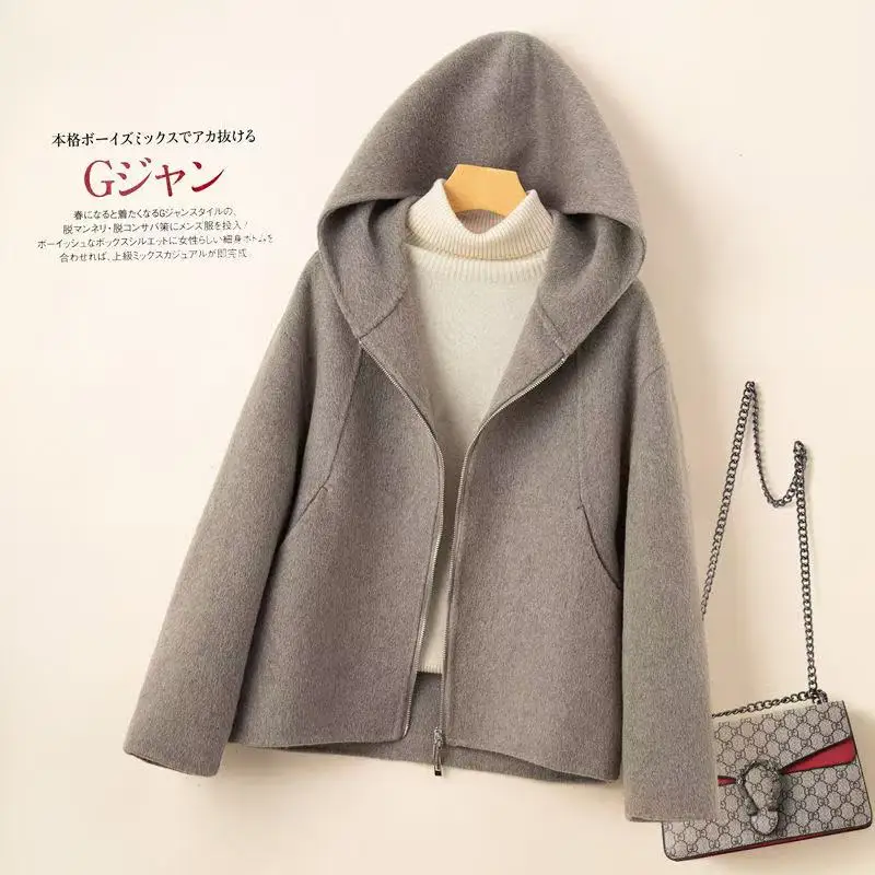 2026 New Solid Color Hooded Short Woolen Coat Women Fashion Double Cashmere Wool Jacket Autumn Winter Female Slim Outerwear