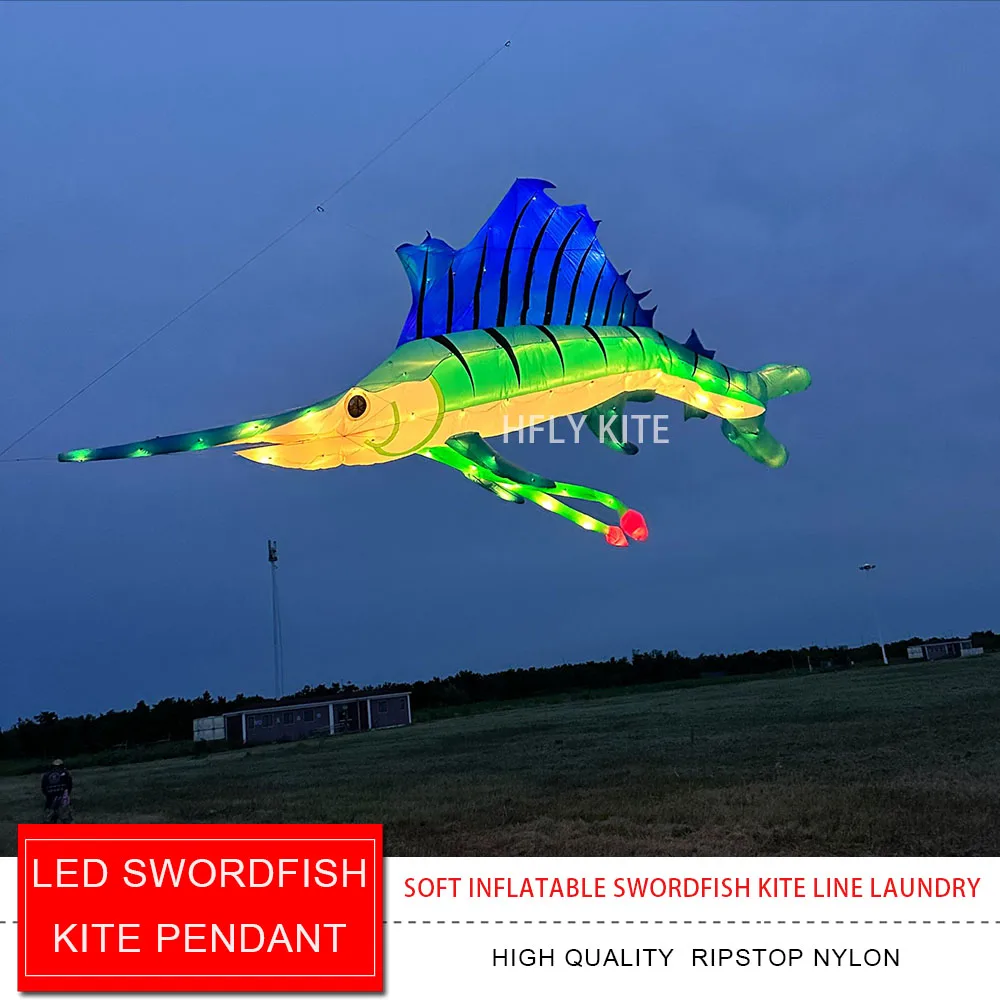 New Arrival Soft Inflatable 10m LED Swordfish Kite Pendant for Adults High Quality 40D Nylon Fish Kite Line Laundry with lights