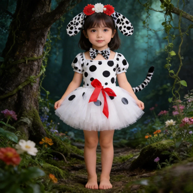 White Dalmatian‑print Outfit for Baby Girls, Kids Cartoon Performance Clothes, Halloween Stage & Birthday Tulle Tutu Dress Set