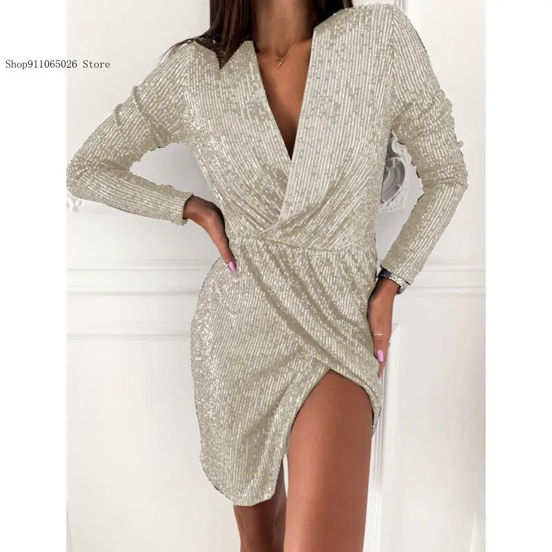 Spring and Autumn Simple Pure Color Party Simple Gold Plated Long Sleeve V-Neck Mini Dress for Women