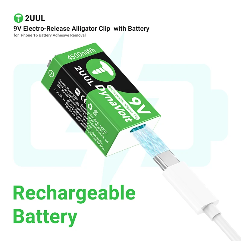 2UUL BT04 9V Electro-Release Alligator Clip with Battery for Phone 16 Battery Adhesive Removal Rechargeable Tool