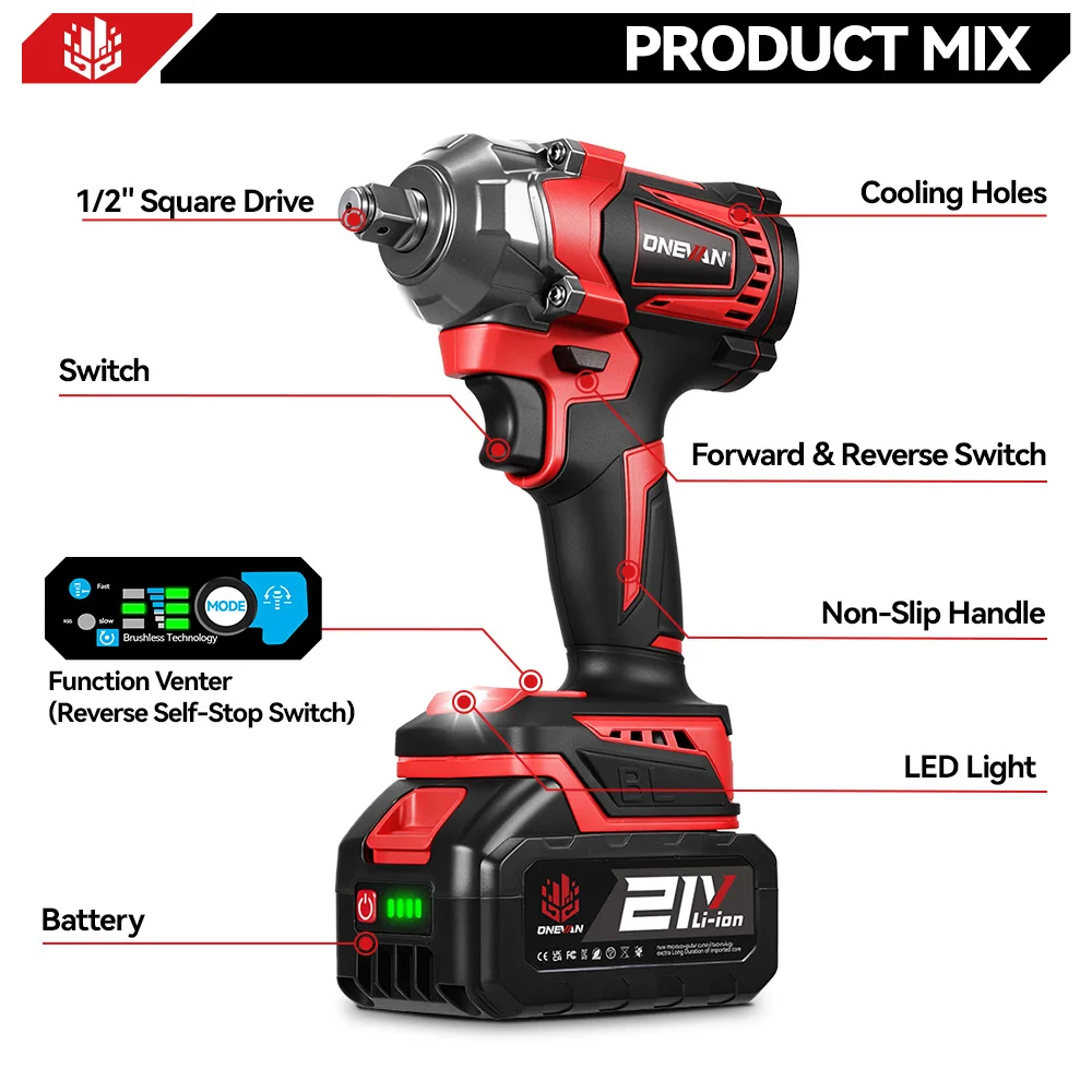 ONEVAN 1200N.M Brushless Electric Impact Wrench Cordless High Torque Screwdriver Gun Car Power Tool For Makita 18V Battery Pin