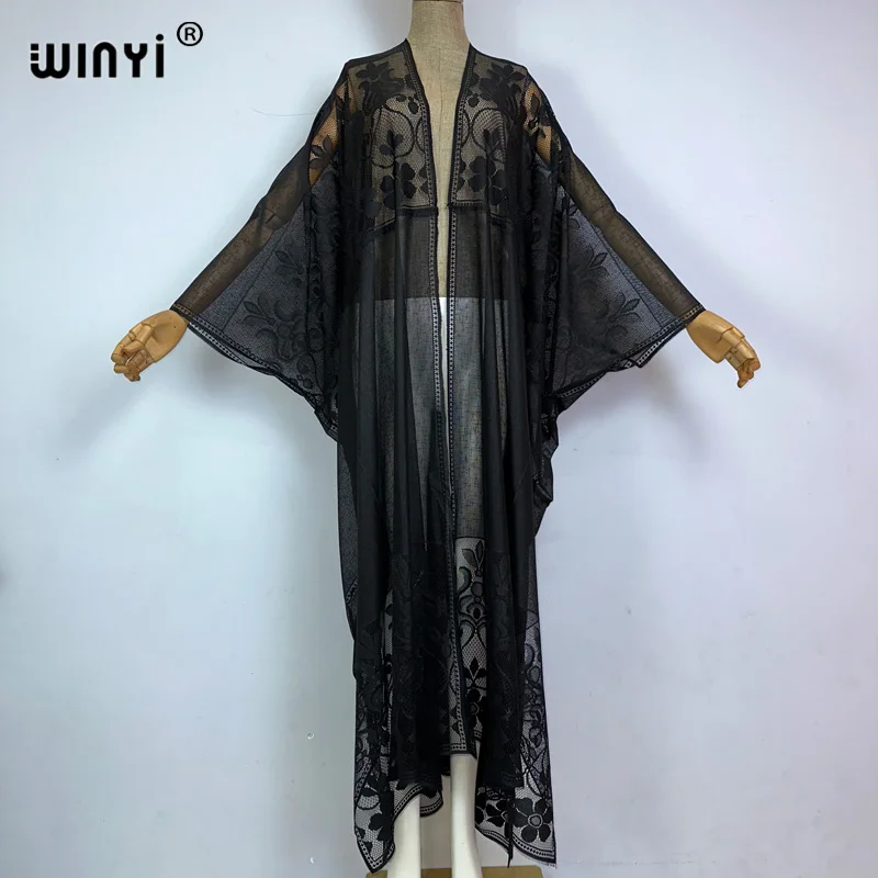 Nowe kobiety WINYI eleganckie seksowne ażurowe afrykański sweter plażowy pokrowce Maxi monocolour sukienka letnia sukienka odzież plażowa moda Kimono