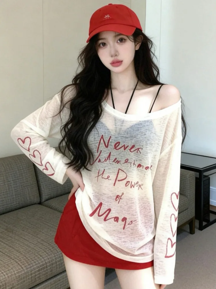 

Laid-back Style Long Sleeve UV Protection T-shirt Summer New Print Women Loose Match All Shoulder Exposure Side Collar Top