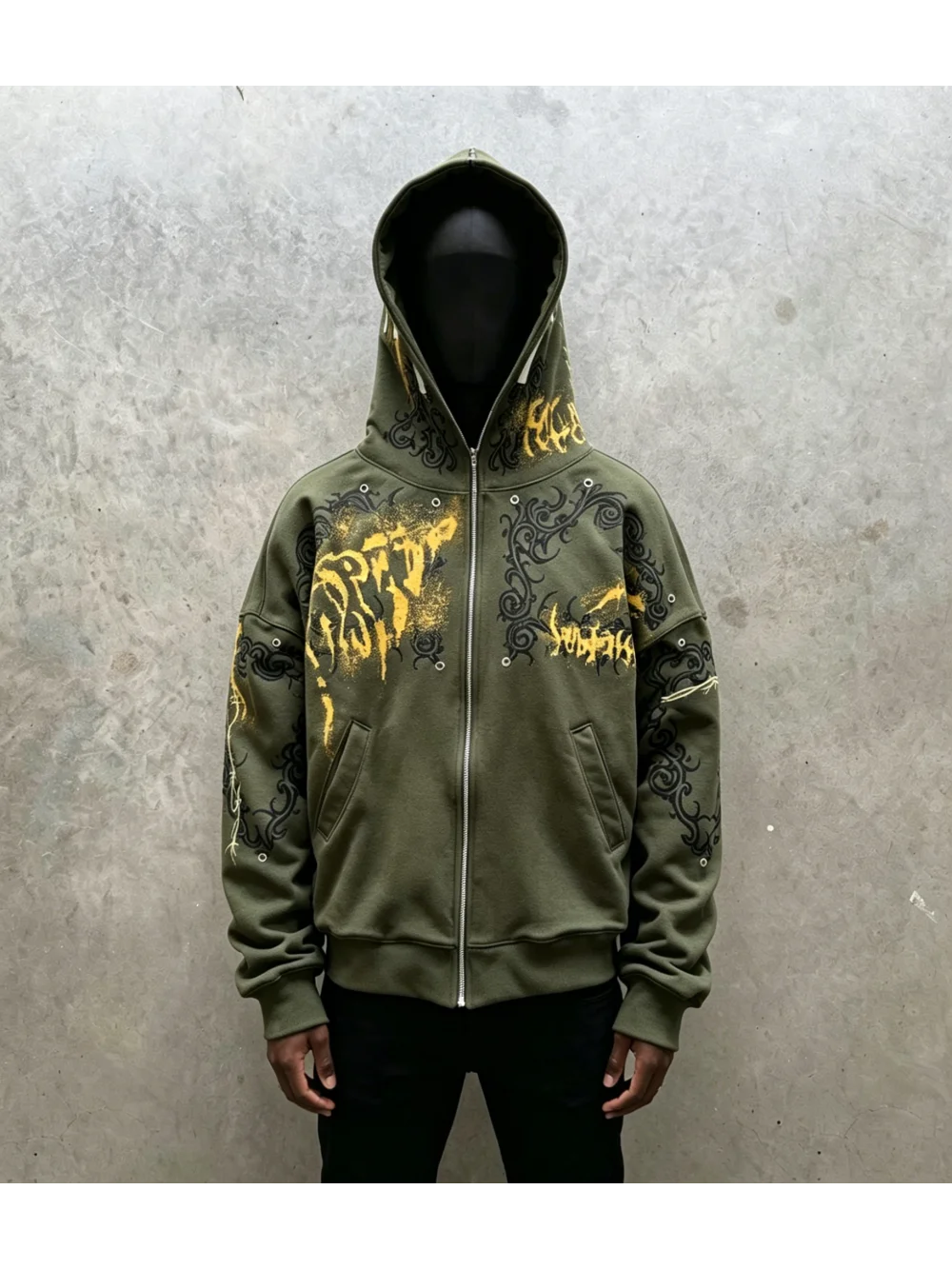 

2026 new autumn and winter unisex gothic print metal eyeliner full face zipper hooded sweatshirt street trend niche versatile