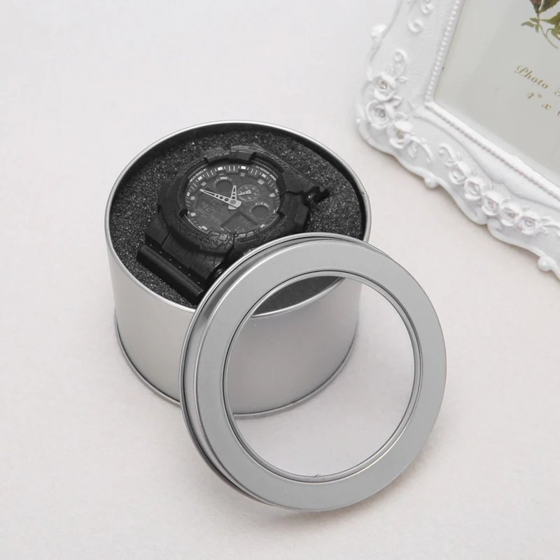 Round Metal Jewelry Wrist Watch Display Box Storage for Case With Cush