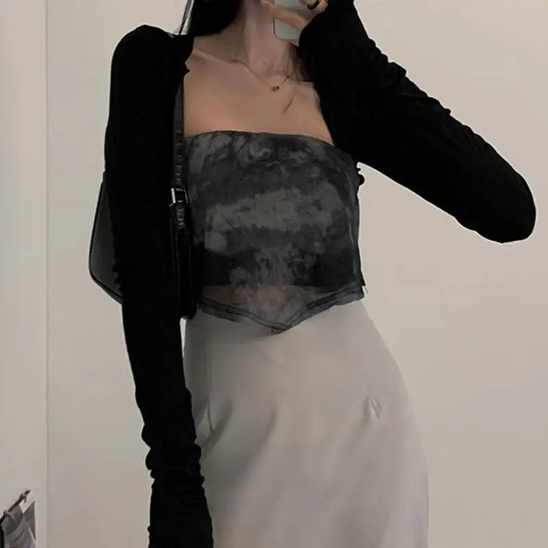 Women Thumbhole Long Sleeve Shrug Color Open Front Cropped Cardigan
