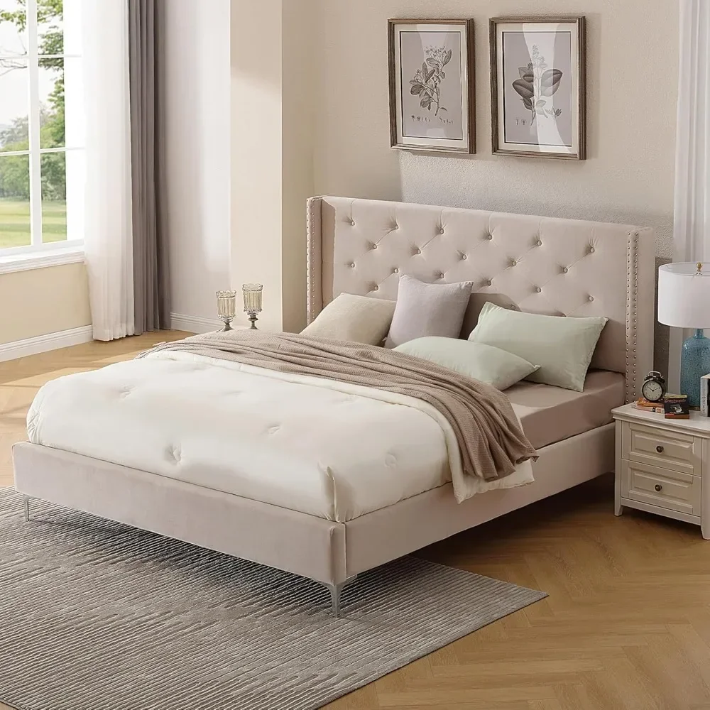 California King Bed Frame with Headboard, Nickel-plated Iron Feet Design, Soft Velvet Finish, Contemporary Upholstered Bed Frame