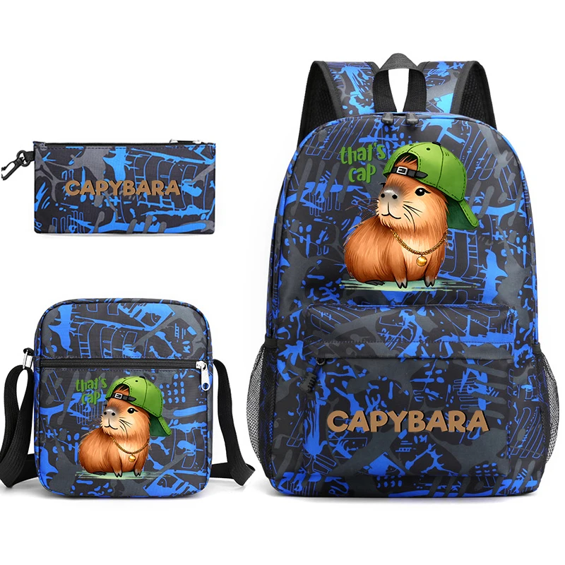 カピバラ柄スクールバッグセット-子供用-男の子-女の子用-バックパック-ショルダーバッグ-ペンシルケース-3点セット-軽量-カジュアル-デイパック