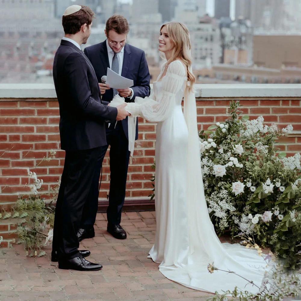 Vestido de novia con escote cuadrado y mangas abullonadas, traje de talla grande, Espalda descubierta, tul plisado, corte bajo, cinta elegante, Tieknot