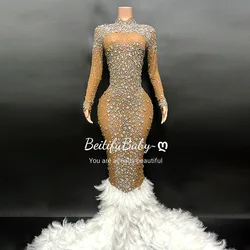 BeitifuBaby Evening Dresses for Women 2024 Brown White Feather Trailing Shiny Diamond Backless Elegant Long Sleeved Party Dress