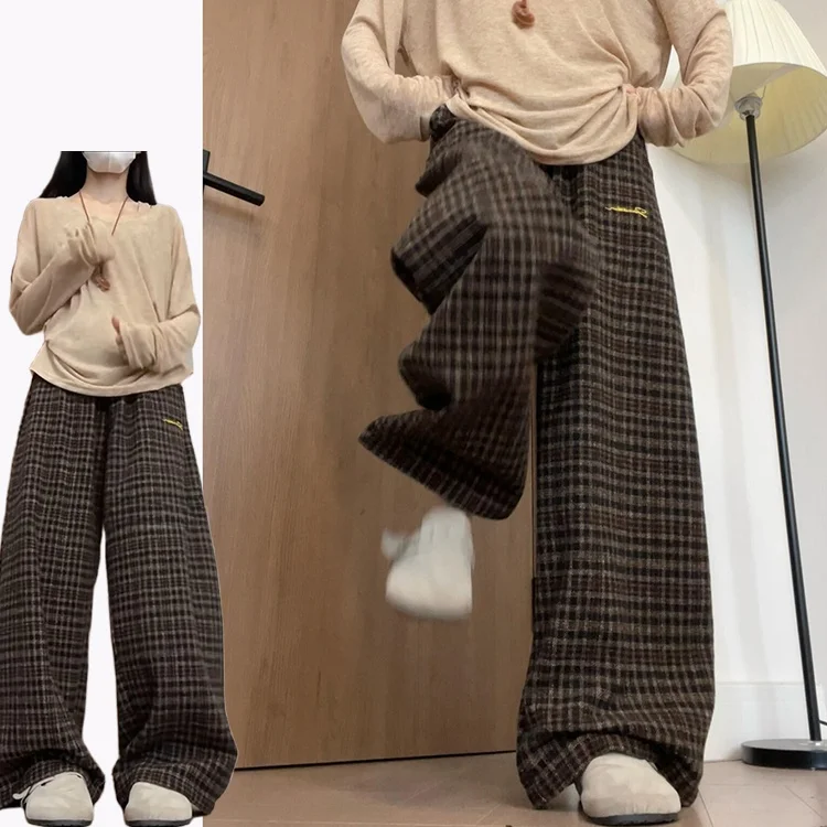 レトロなハイウエスト刺繍入りチアリーダーパンツ 秋冬新作ファションカラーブロ 多用途韓国風ワイドレッグパンツ...