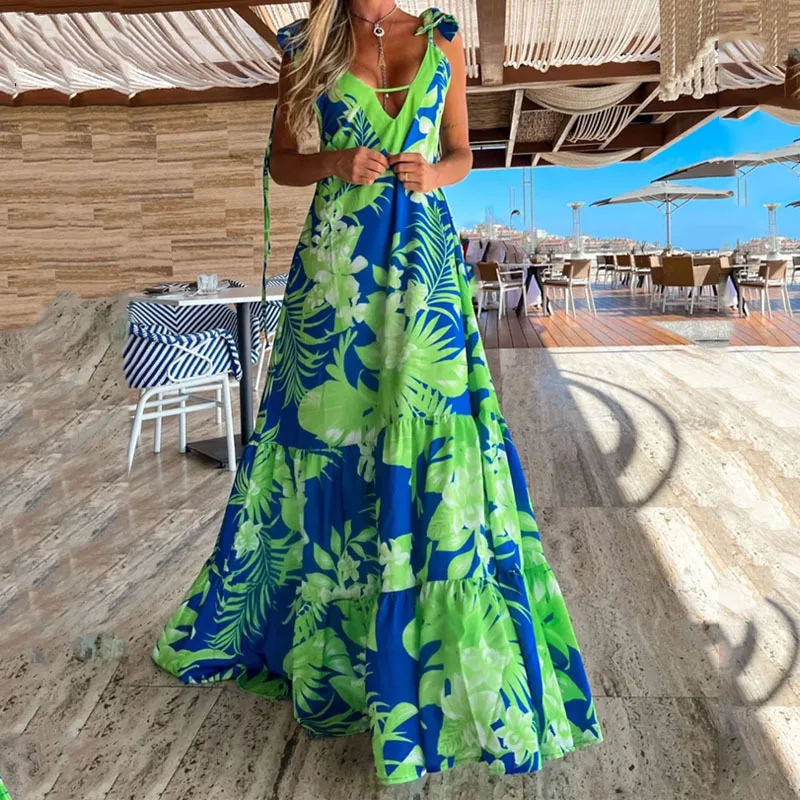 

Long Dresses Tropical Print Backless Floral Lace Up Dress Loose High Waist Wedding Elegant Summer Sexy Party Boho Vestidos