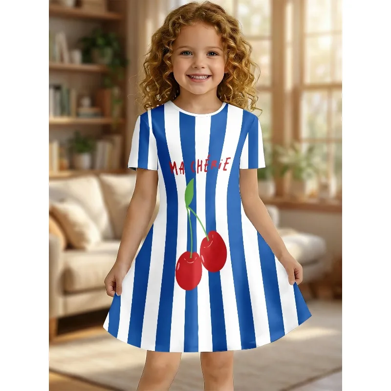 2026 Sommer Mädchen Kurzarm T-Shirt Kleid mit Kirsch-, Sonnenbrillen-, Gänseblümchen- und Bären-Print, A-Linie, Lässige Kinder-Partykleider für den Urlaub, 3-12 Jahre