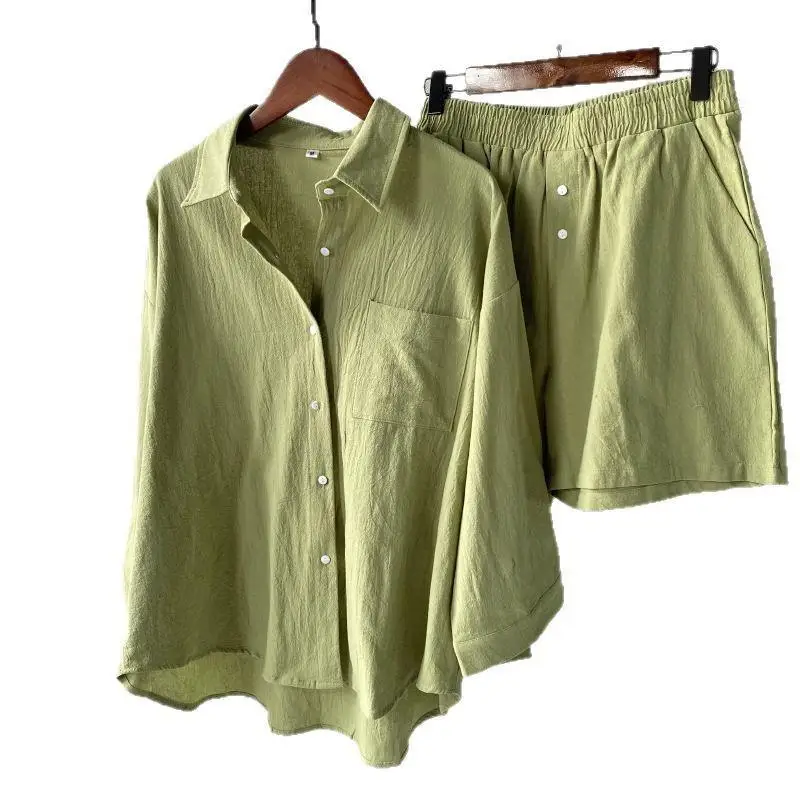 

Women's plus Size Cotton Linen Shirt Set High Waisted Long Sleeve Color Spring Fashion Three-Piece Suit Workwear Uniform