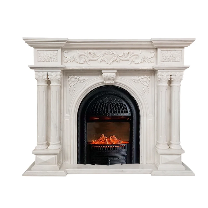 Marble White Marble Material Heating Nordic French Double Column Head Carved Fireplace Cabinet Decoration