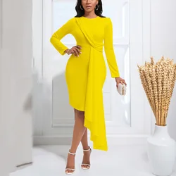 Elegancka sukienka damska 2024 O Neck Full Sleeve Big Swing Sheath Mid Calf Fashion Female Birthday Party Dinner Vestidos Mujer Dress