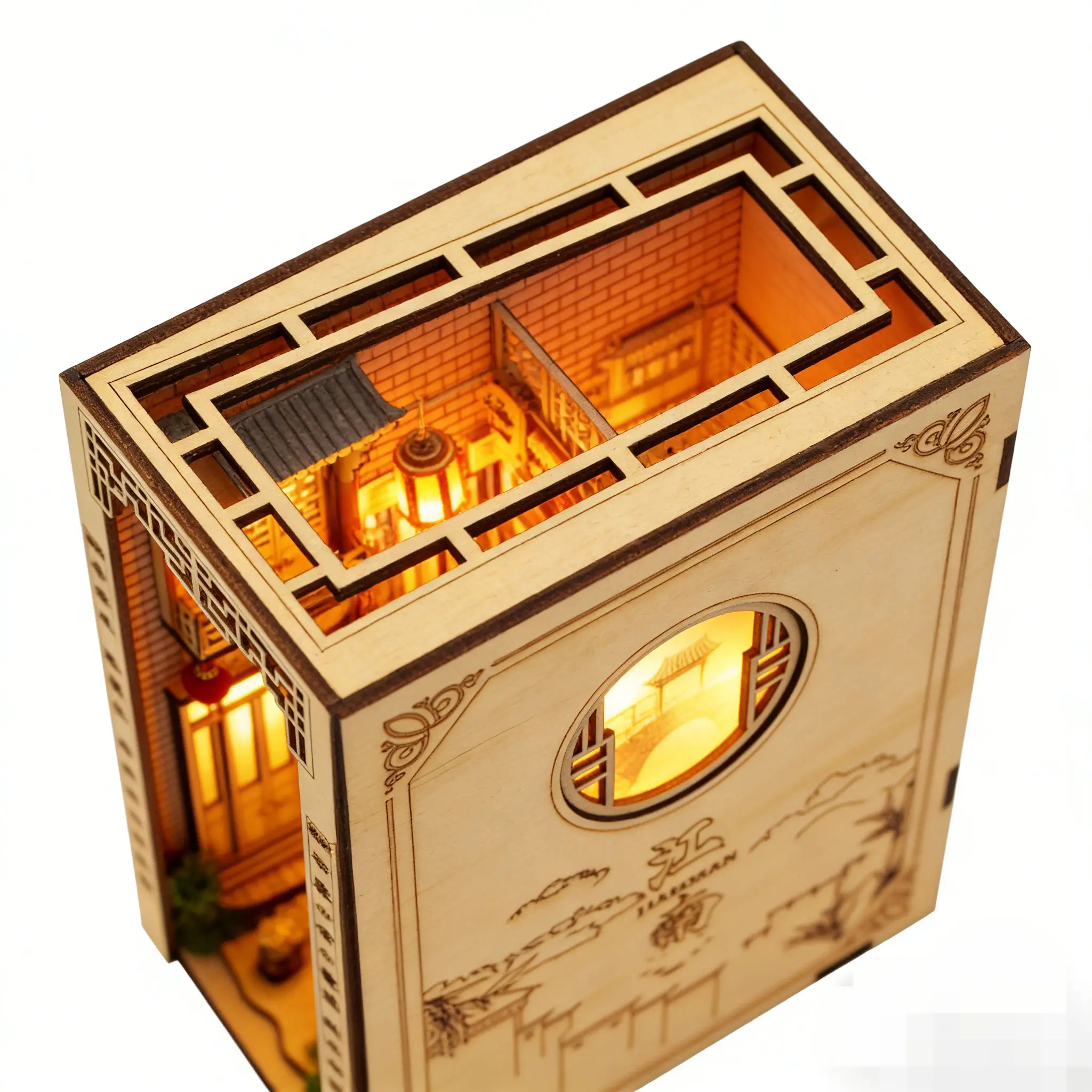 Guochao-Buchecke im chinesischen Stil – kreatives 3D-Miniaturhaus-Puzzle im Ins-Stil, exquisites beleuchtetes Dekor-Geschenk