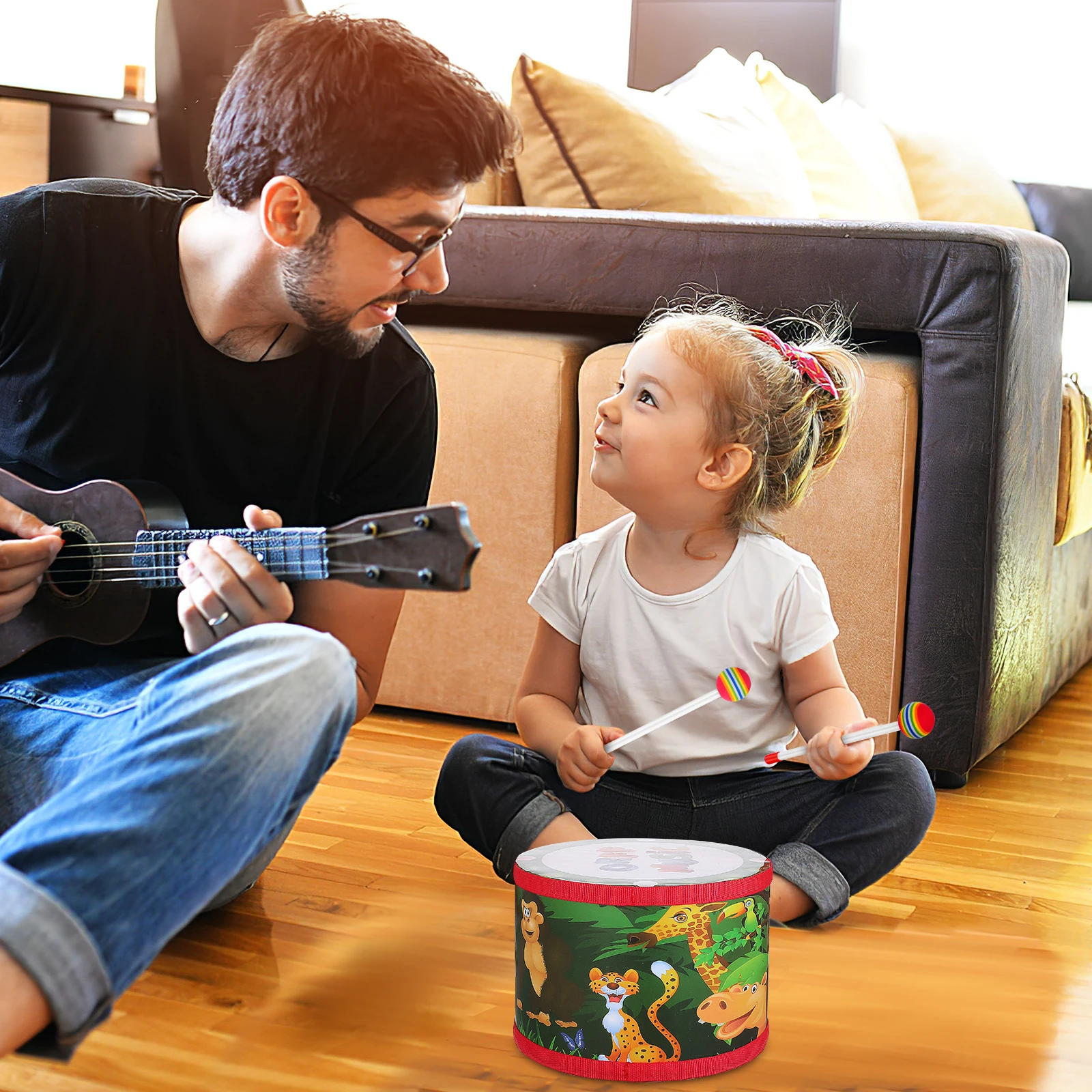 

Lovely Double-Sided Kids Drum Set Educational Musical Instrument Toddler Children Strap Indoor Outdoor Play Drum For Kid