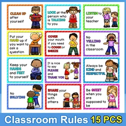 15Pcs Classroom Poster Rules for The School Class A4 size Posters for Kindergarten Preschool Decora Education toys