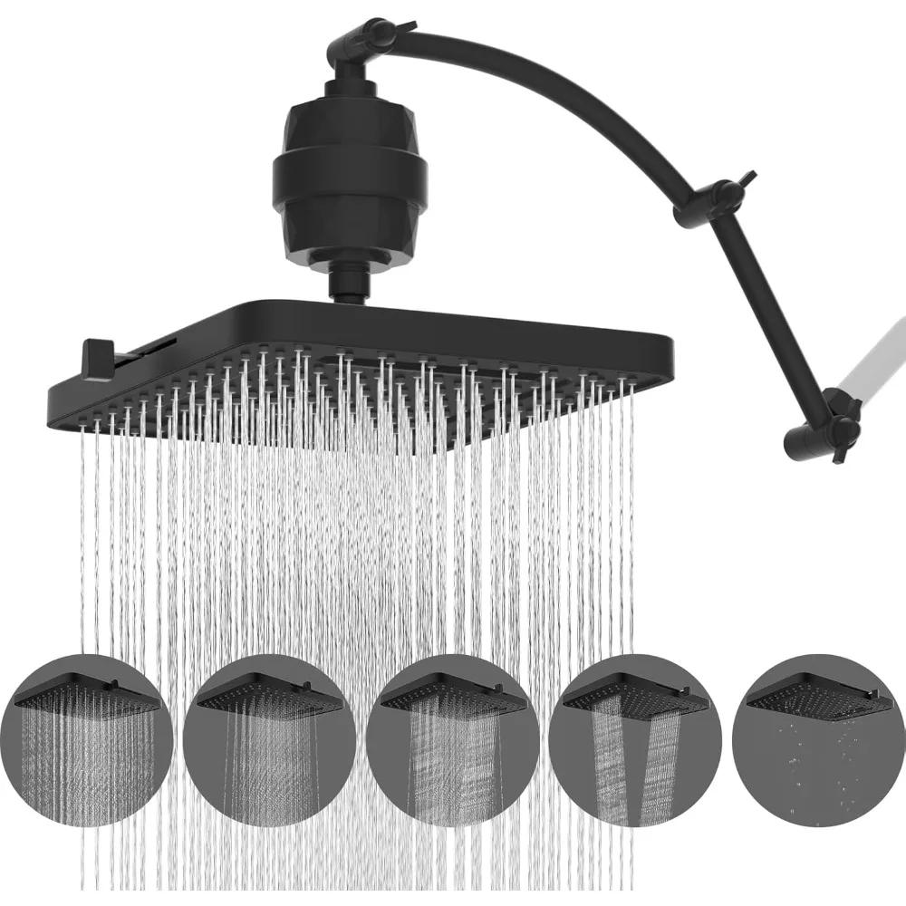 

Hibbent Rain Filtered Shower Head, 13'' High Pressure Rainfall 5 Modes Showerhead with 16 Shower Head Extension Arm, Solid Brass