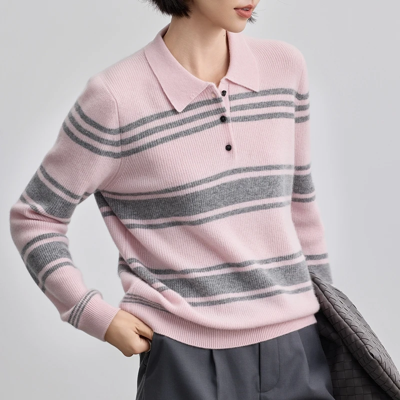 Autumn Winter Women's 100% Cashmere Sweater Polo Collar Retro Striped Hoodie Soft Comfort Warm Luxury Cashmere Knitted Clothing