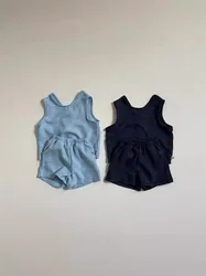 Conjunto de chaleco sin mangas para bebé, cárdigan sólido y pantalones cortos, traje de 2 piezas para niño pequeño, trajes versátiles de algodón, novedad de verano 2024