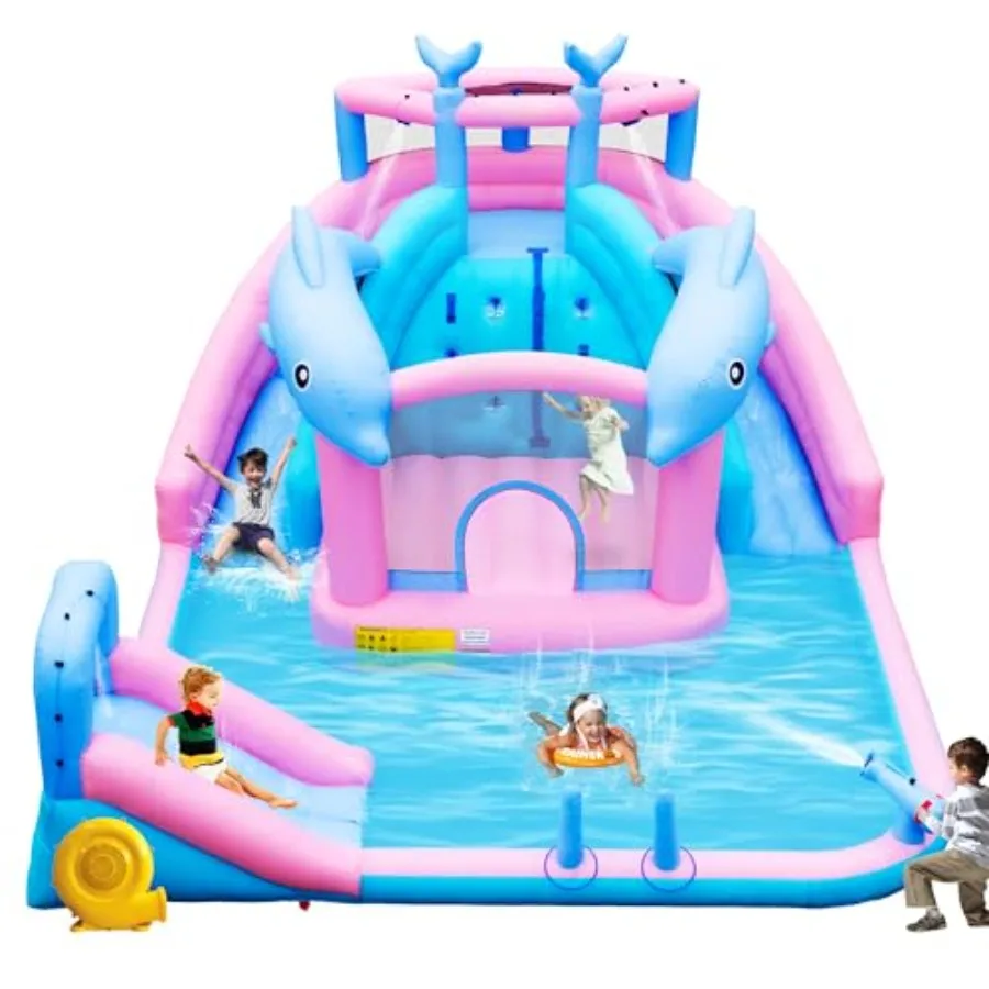 

Inflatable Water Slide Dolphin Bounce House for 3-12 Blue and Yellow Water Park with Blower Splash Pool Climbing Wall Water Can