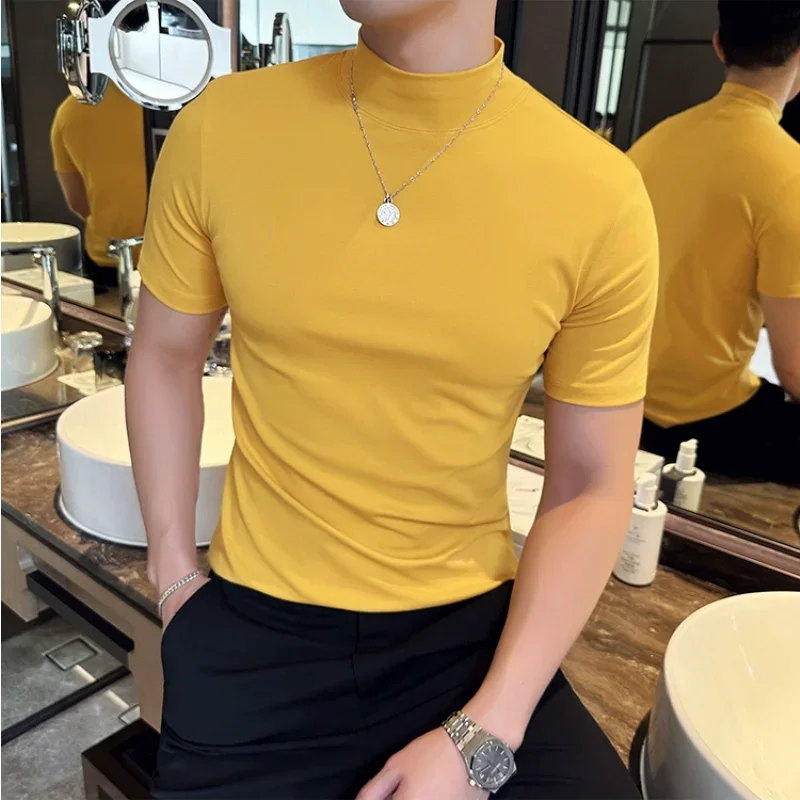 Autumn Winter Men\'s Half High Neck Short Sleeve T-shirt Korean Slim Fit Solid Color Bottom Shirt Casual Cotton Elastic T-shirts