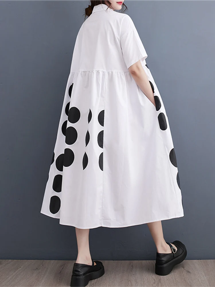 Black Vintage Polka Dot Shirt Dresses For Women Summer New In Short Sleeve Loose Casual Long Dress Fashion Elegant Clothes 2024