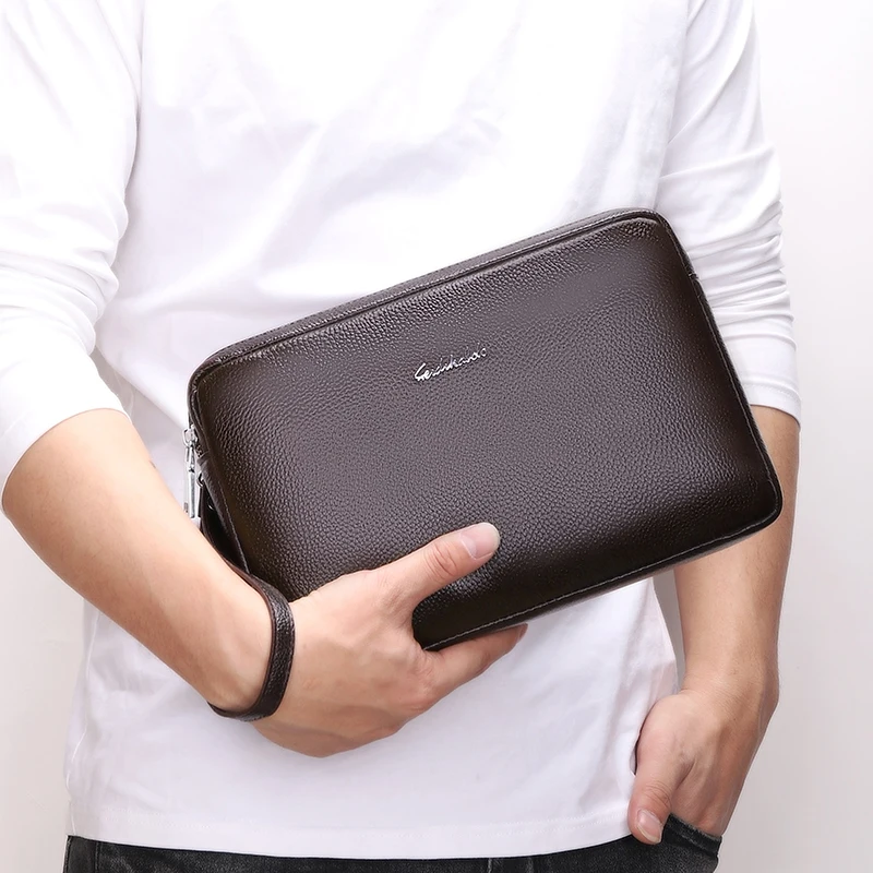 Leather Handbag Men Wallets Genuine Leather Clutch Bag Long Wallet Business Double Zipper Purse Phone Card Holder Coin Purse Men