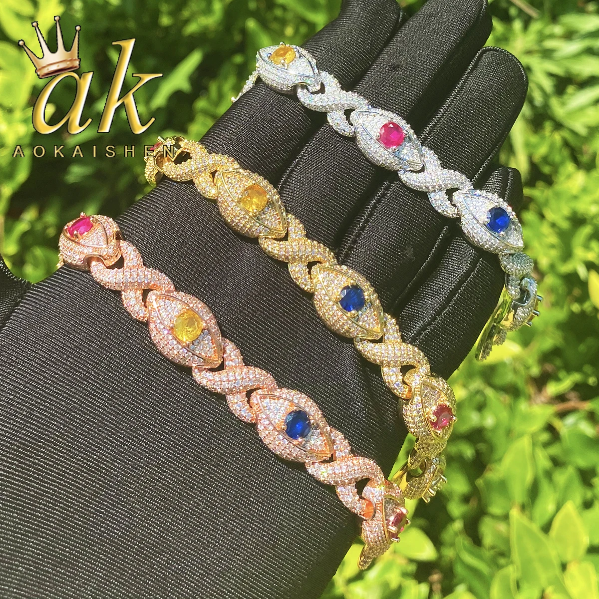 

Aokaishen Iced Out красочный браслет с бесконечными звеньями для мужчин, настоящий позолоченный кубический цирконий, ювелирные изделия в стиле хип-хоп