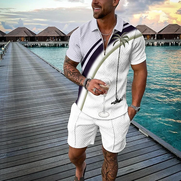 New Summer Beach Coco 3D Printed Men\'s Sweatsuit set Casual Zipper Collar Polo Shirt And Shorts 2pcs Sets Fashion Man Clothing