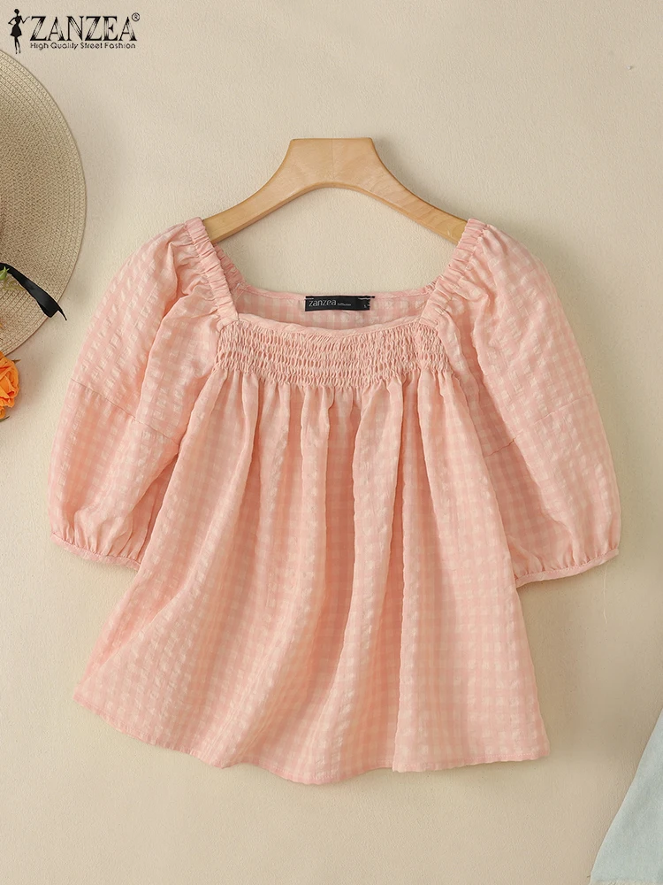 ZANZEA-Blusa de trabajo de manga corta con cuello cuadrado para mujer, camisa elegante de verano, Tops tipo túnica para vacaciones, camisa de gran tamaño 2025