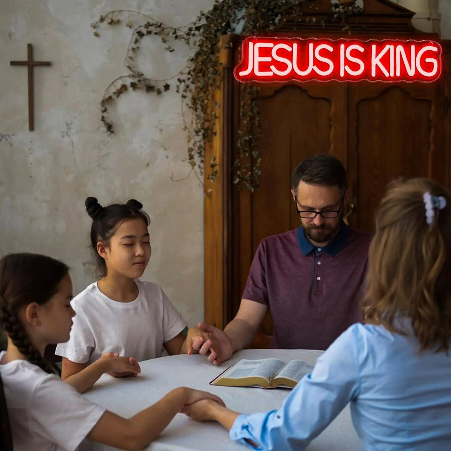 Jesus Is King Neon Sign USB Dimmable LED Lights for Church Prayer Room Home Bedroom Easter Religious Party Wall Art Decor Gifts