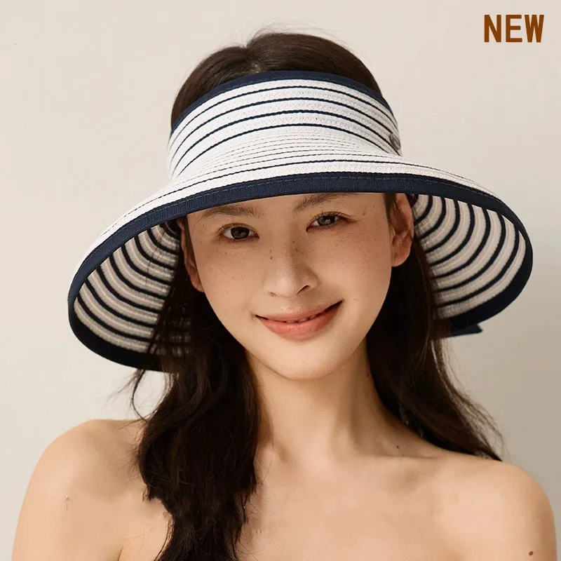 Decorative Summer Striped Sun Visor Hat Hollow Top UV Hats Casual Outdoor Foldable Sunscreen Caps