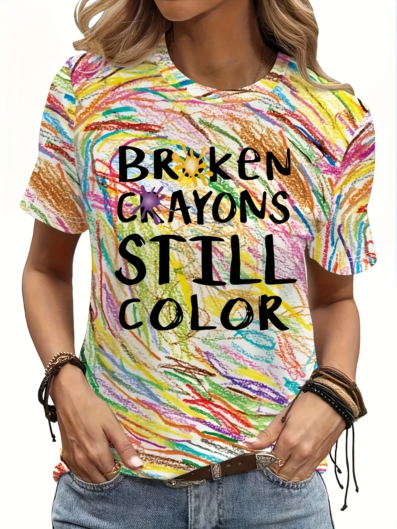 

Женская футболка с рисунком «Broken Crayon Still Color» и ярким повседневным топом с круглым вырезом и художественным принтом тай-дай