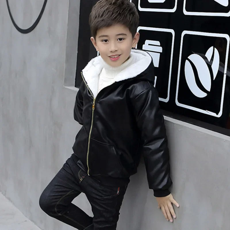 

6 9 10 11 12 Years Children Boys Girl Hooded Fur Zipper Biker Leather Jacket Winter Warm Fleece Coat Teenager Outerwear