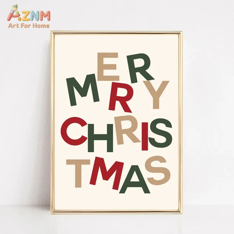 AZNM Merry Christmas Letter Canvas Wall Art Print Colorful Festive Quote Poster for Holiday Home Decor
