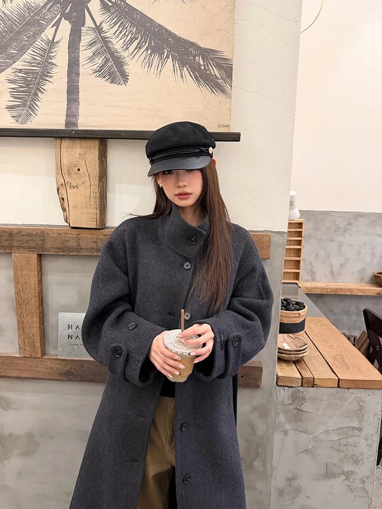 

Женское шерстяное пальто Deep ey свободного кроя с воротником-стойкой, средней длины, в корейском стиле, осенне-зимняя верхняя одежда, модное повседневное пальто с прямым подолом
