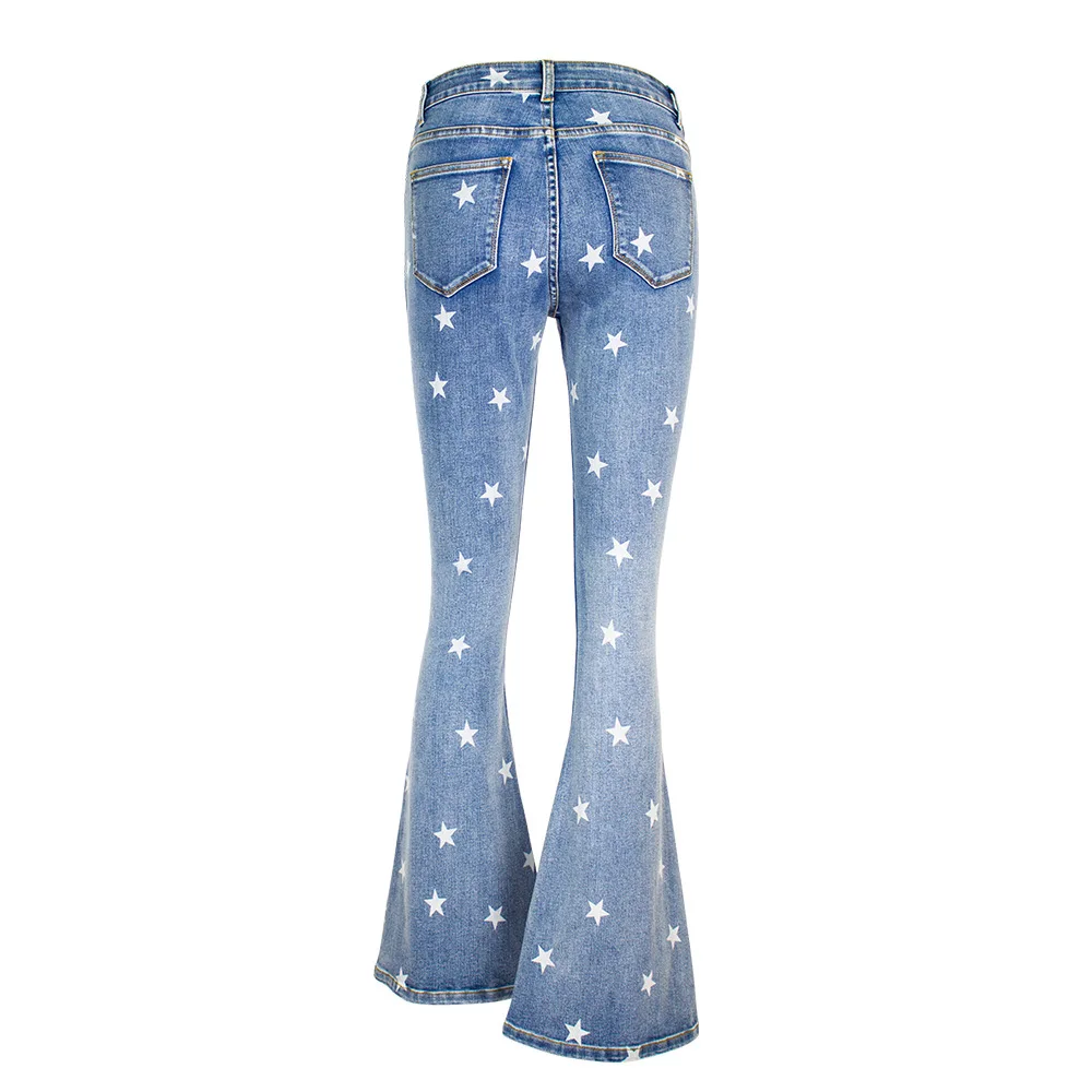 Jeans Flare Pants Women Boot Cut Streetwear Trousers Pentagram High Waist Stretch Washed Vintage Distressed Denims Floor Length