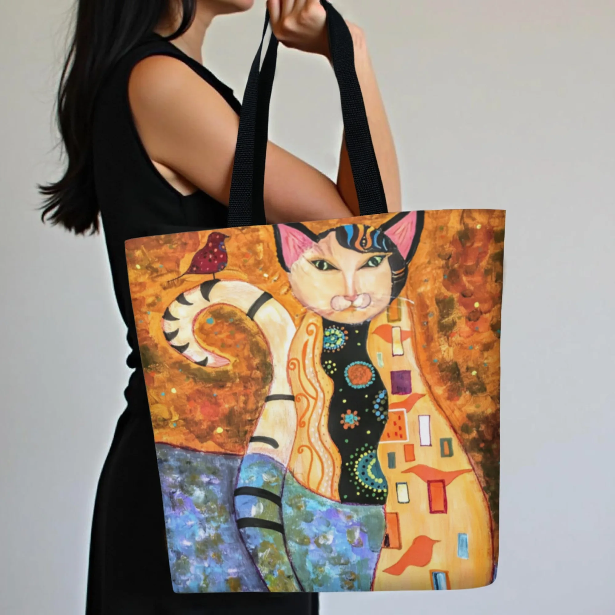 

Прочная тканевая художественная женская сумка-тоут с изображением кота, яркий декоративный узор, многоразовая сумка для покупок, стильная, для повседневного использования и подарка