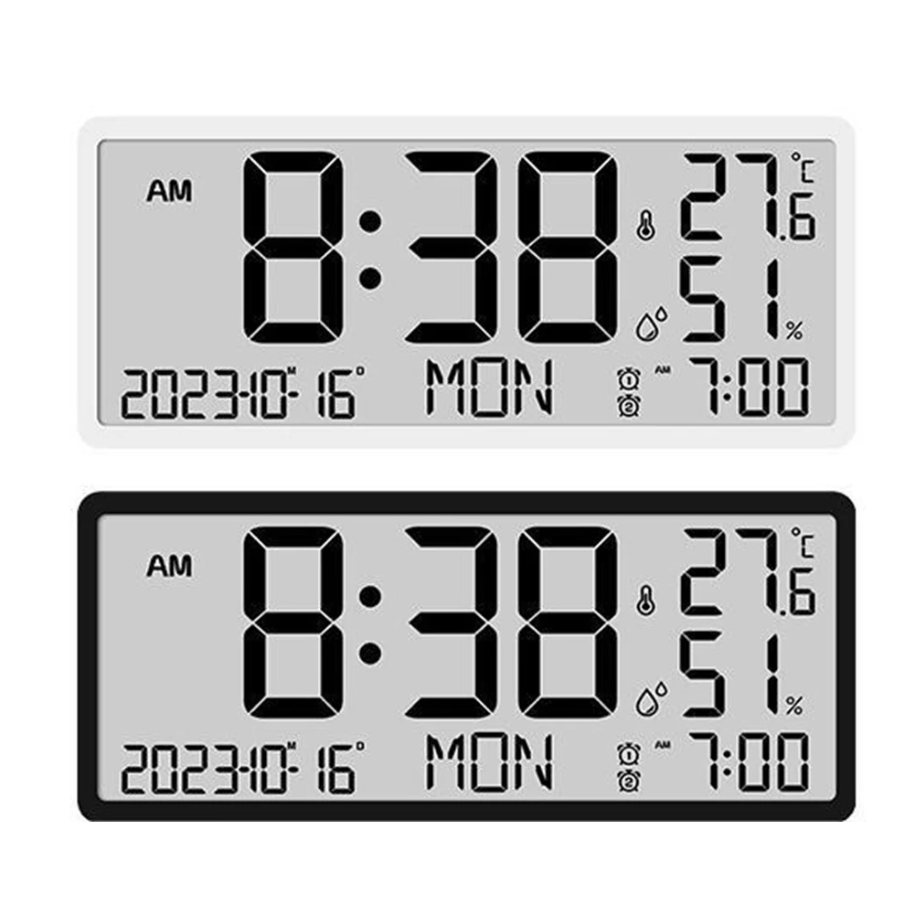 Large LCD Digital Wall Clock With Temperature Humidity Display, Calendar Year Date For Living Room Home Decor